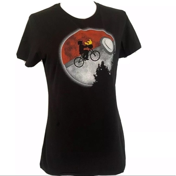 Teefury Mashup ET Pikachu Black Fitted Graphic T-Shirt 2XL Stretch Cotton New - Picture 1 of 5